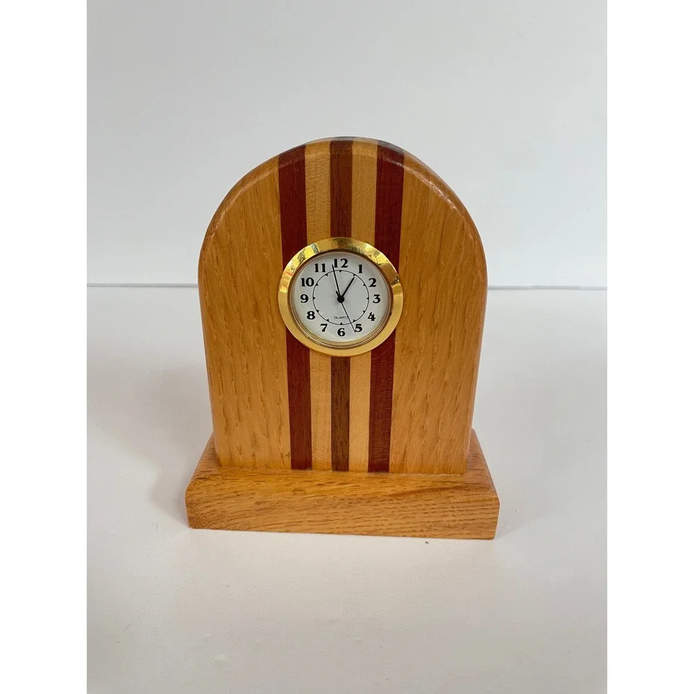 Vintage Mixed Hardwood Arch Tabletop Clock‎ – Handcrafted Oak & Mahogany Inlay
